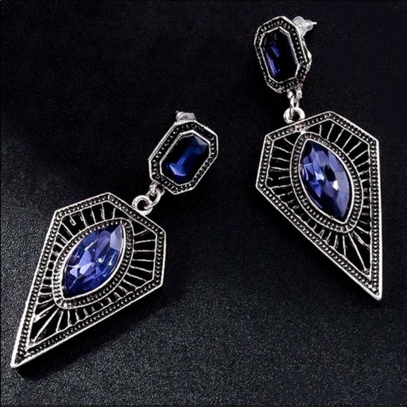 Vintage Silver Blue Gem Dangle Stud Earrings - Picture 3 of 8